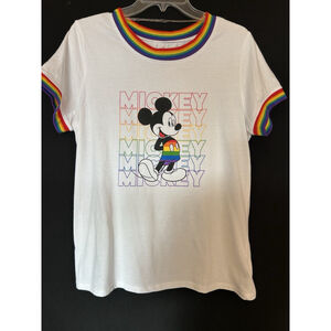Disney Mickey Mouse Rainbow 🌈 Pride Ringer White T-Shirt Top Size Large Unisex